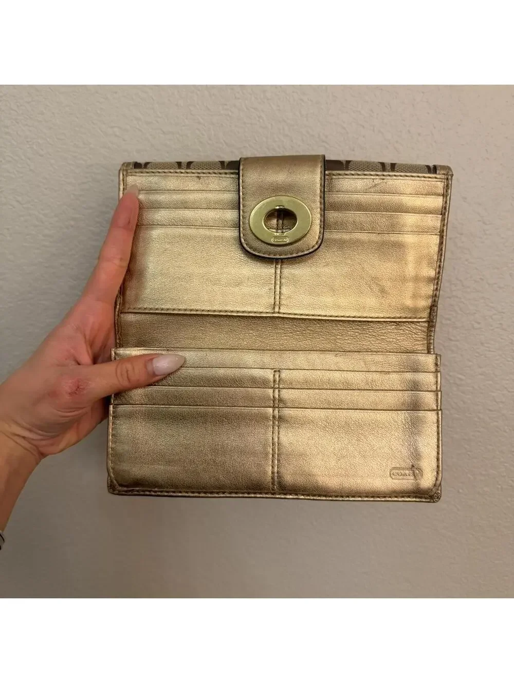 Coach Brown and Gold Canvas Wallet with Gold Turn-lock